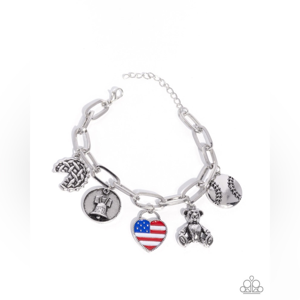 paparazzi Silver-Tone Patriotic Heart Charm Bracelet with Teddy & Sports Accents